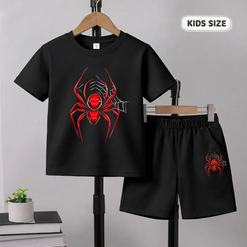 Boys' Cartoon Spider 2-Piece Coordinated Set - Short Sleeve All Over Print T-Shirt & Shorts, Colorful Lightweight Soft Breathable Fabric, Casual Summer Outdoor Play Outfit, Athleisure Cute Cartoon Style Boys' Sets, Athleisure Boys' Sets