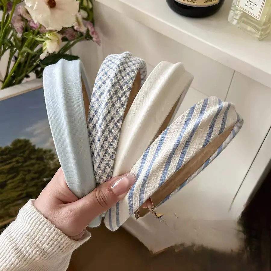 Blue White Plaid Striped Solid Fabric Wide Headband Soft Cotton Hair Hoop Women Fresh Cottagecore Daily Makeup Hair Accessory
