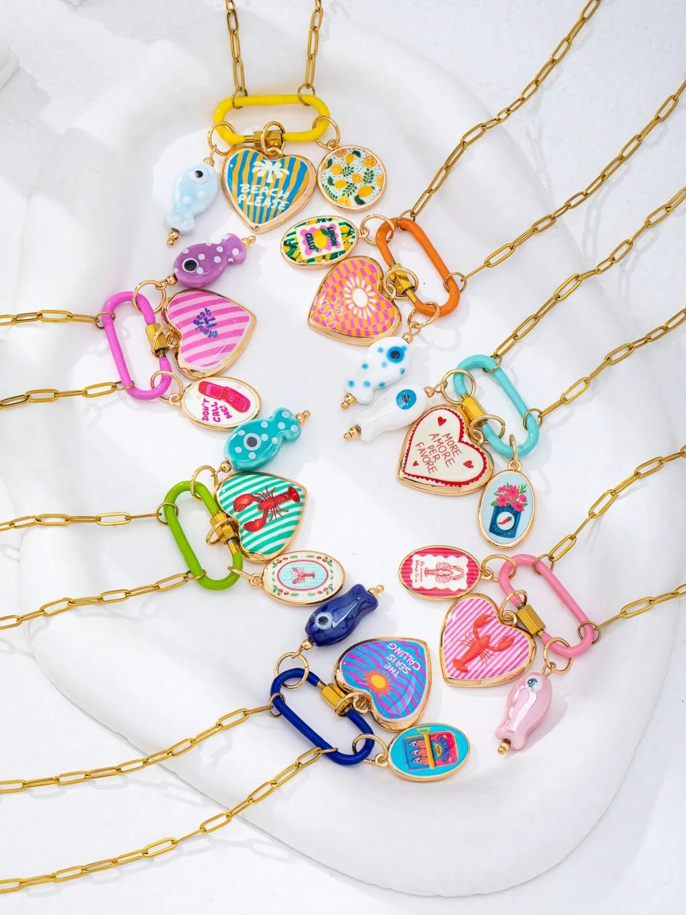 7Pcs Summer Beach Enamel Charm Necklaces for Women, 18K Gold Plated Paperclip Chain Necklaces with Colorful Carabiner Clasp and Interchangeble Ocean & Fruit Pendants, Boho Beach Jewelry Accessories Gift for Her
