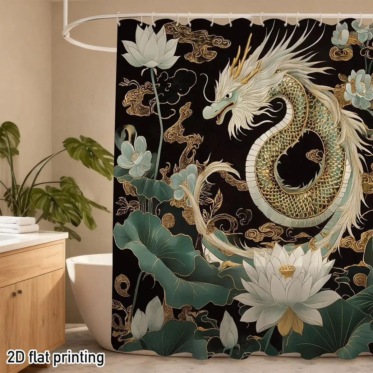 Black Oriental Dragon & Lotus Shower Curtain with Hooks, White and Gold Fantasy Bathroom Decor