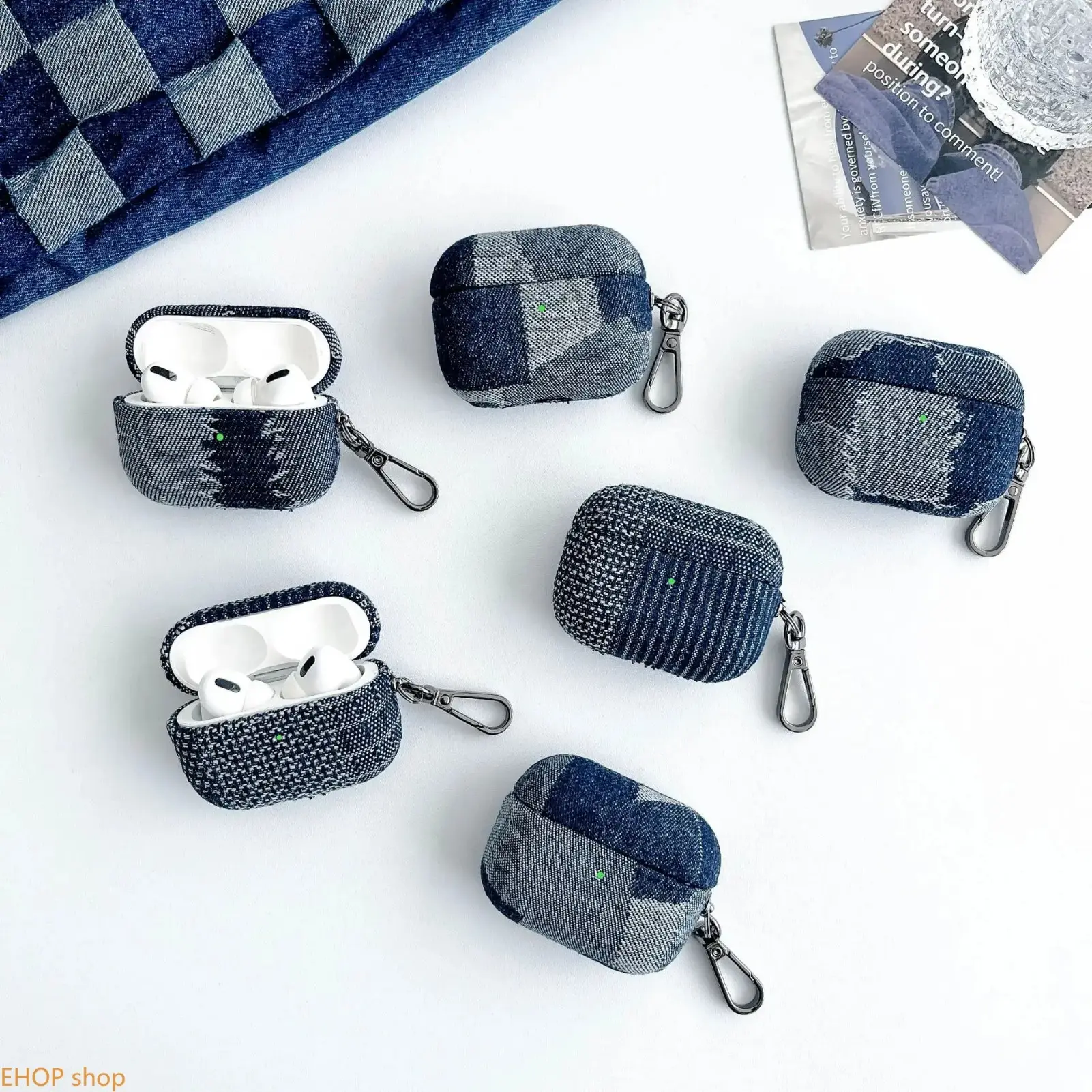 Denim Patchwork Fabric Protective Case Vintage Aesthetic Cloth Cover Compatible Pro 2 Wireless Earbud Shockproof Decor Accessory