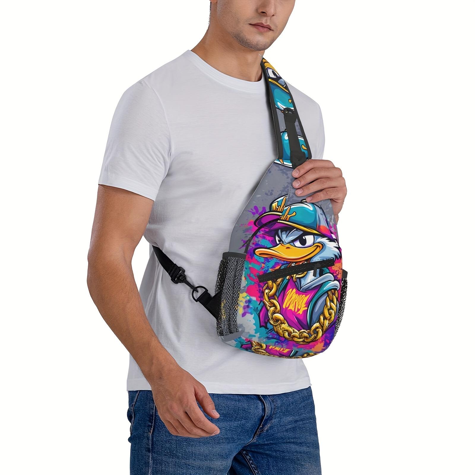 Large Hip-Hop Backpack with Bold Duck Chain - Heavy-Duty Machine-Washable Polyester Crossbody Bag, Adjustable Strap & Zipper Closure - Spacious Backpack for Travel, Hiking, Cycling, - Urban Streetwear Backpack for Men & Women (Blue/Purple/Pink/Black/Gray)