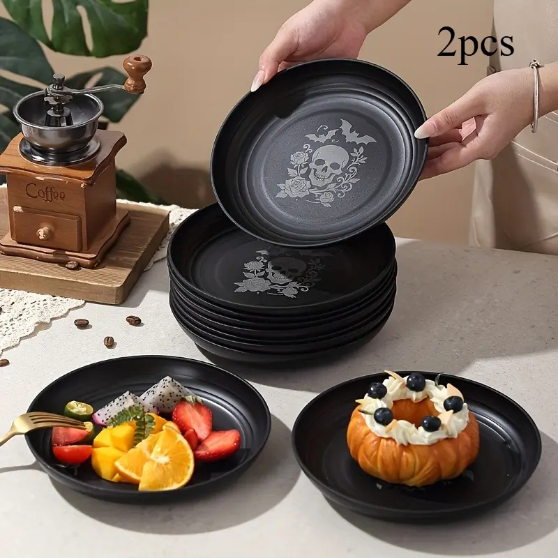 Retro Skeleton Rose Pattern Round Plate Set with 2 Multi functional Snacks, Desserts, Salad Plates, Festival Party Decorations, Washable Gift Tableware