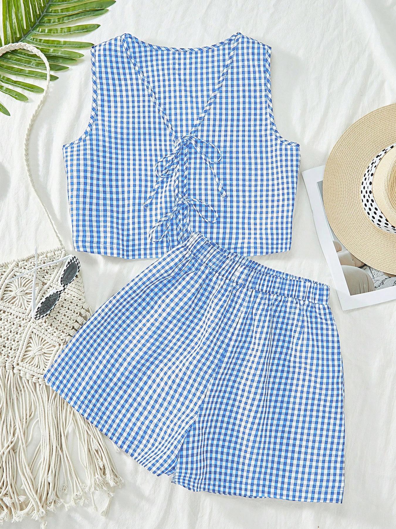 2-piece plaid striped sleeveless crop vest top and high-waisted loose shorts women's casual suit