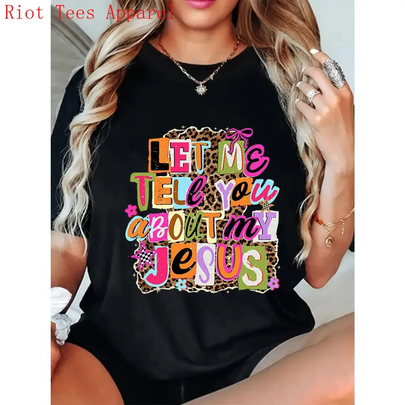 Let Me Tell You About My Jesus" T-shirt, Christian-style leopard print, faith quote T-shirt design, religious Easter shirt.