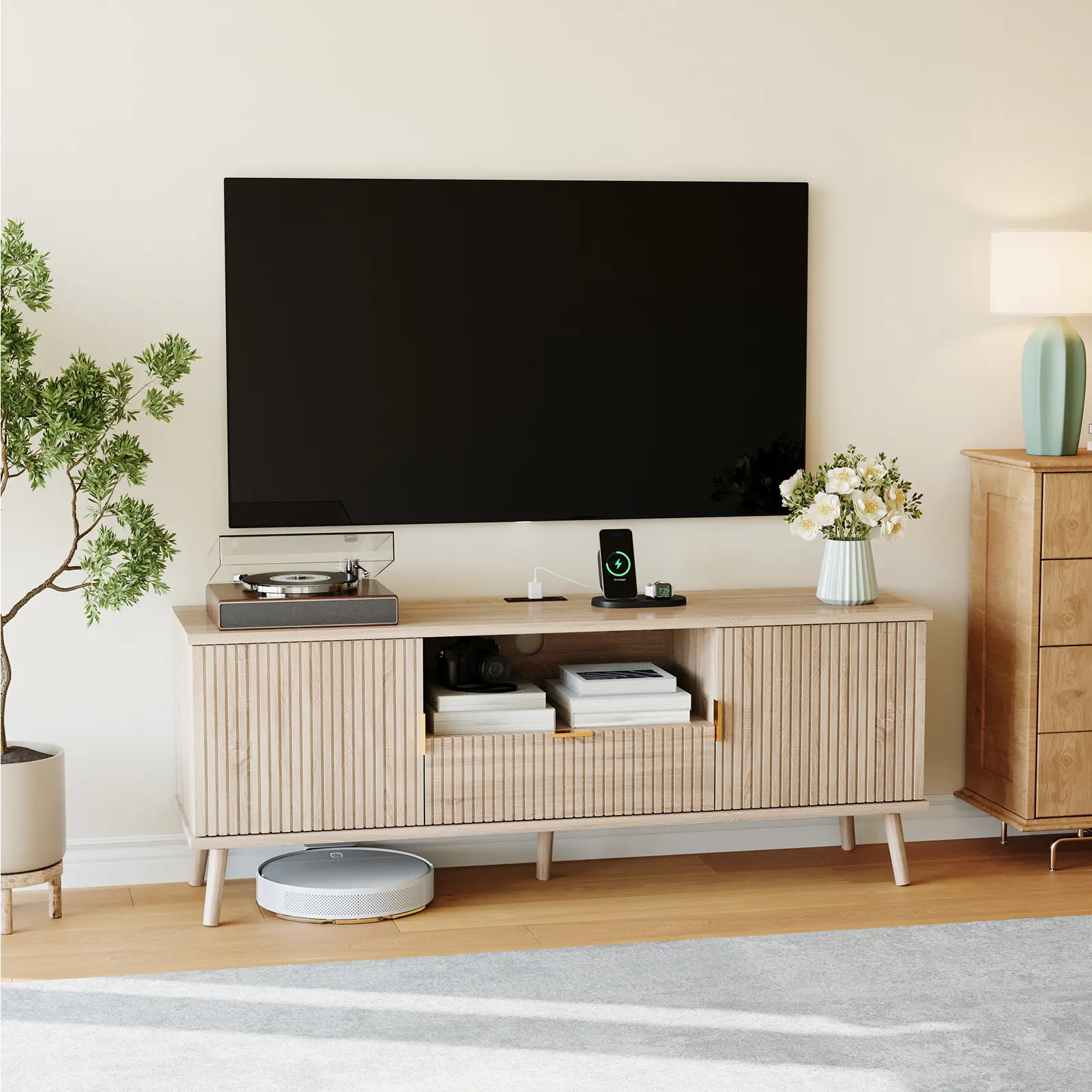 58.3" Fluted TV Stand with Storage for TVs Up to 65", Natural Wood | Wood Grain Media Console with Power Outlet, Adjustable Shelf, Drawer, for Living Room or Bedroom