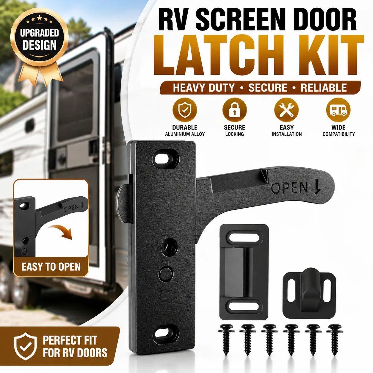 RV Screen Door Latch Handle Replacement Kit - Durable Aluminum Alloy Inside Lock Grab for Camper, Travel Trailer, Motorhome; Left-Handle RV Interior Towing Accessory