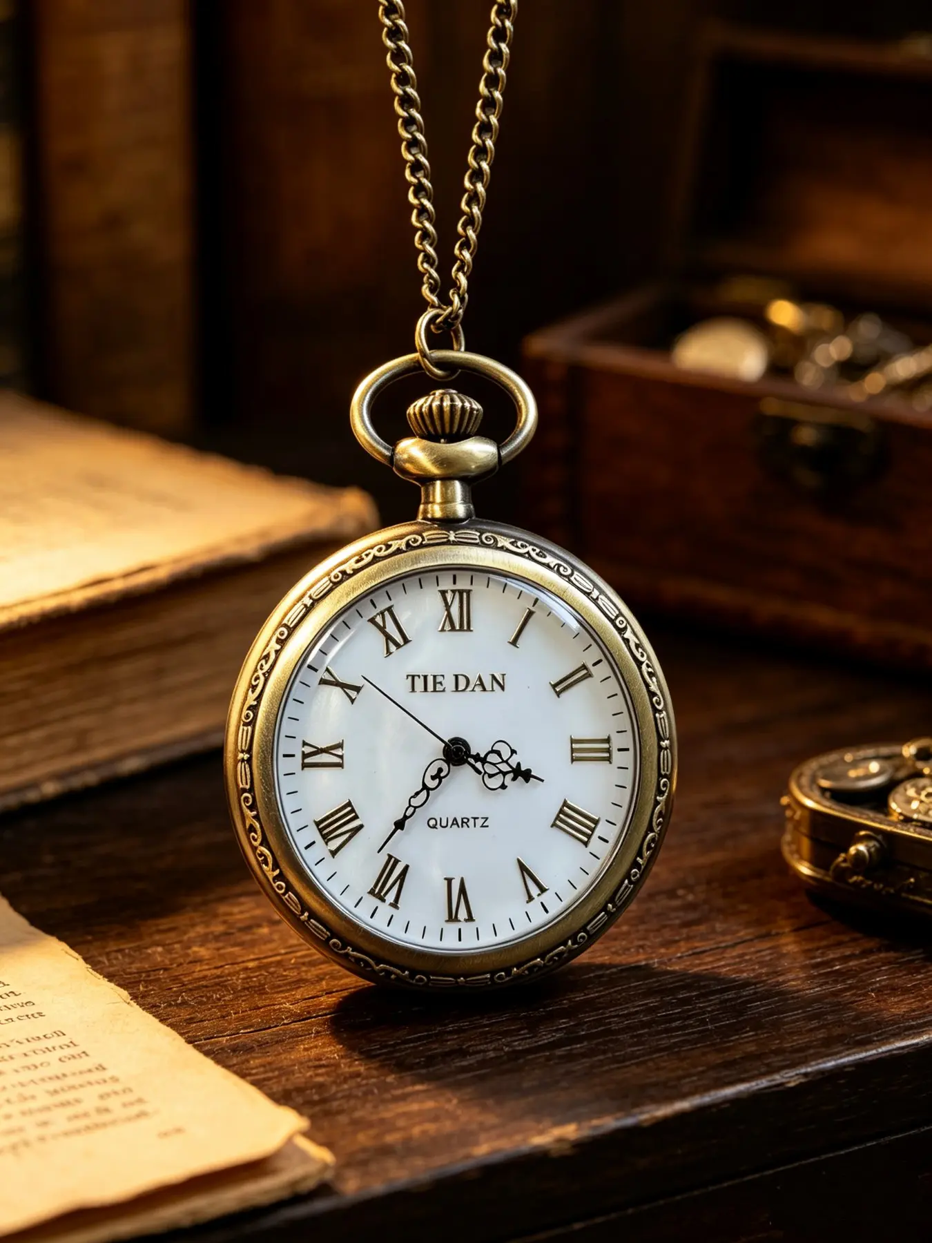 Vintage bronze pocket watch necklace, analog watches, quartz movement, elegant gift for men, fold-over clasp, Hardlex glass
