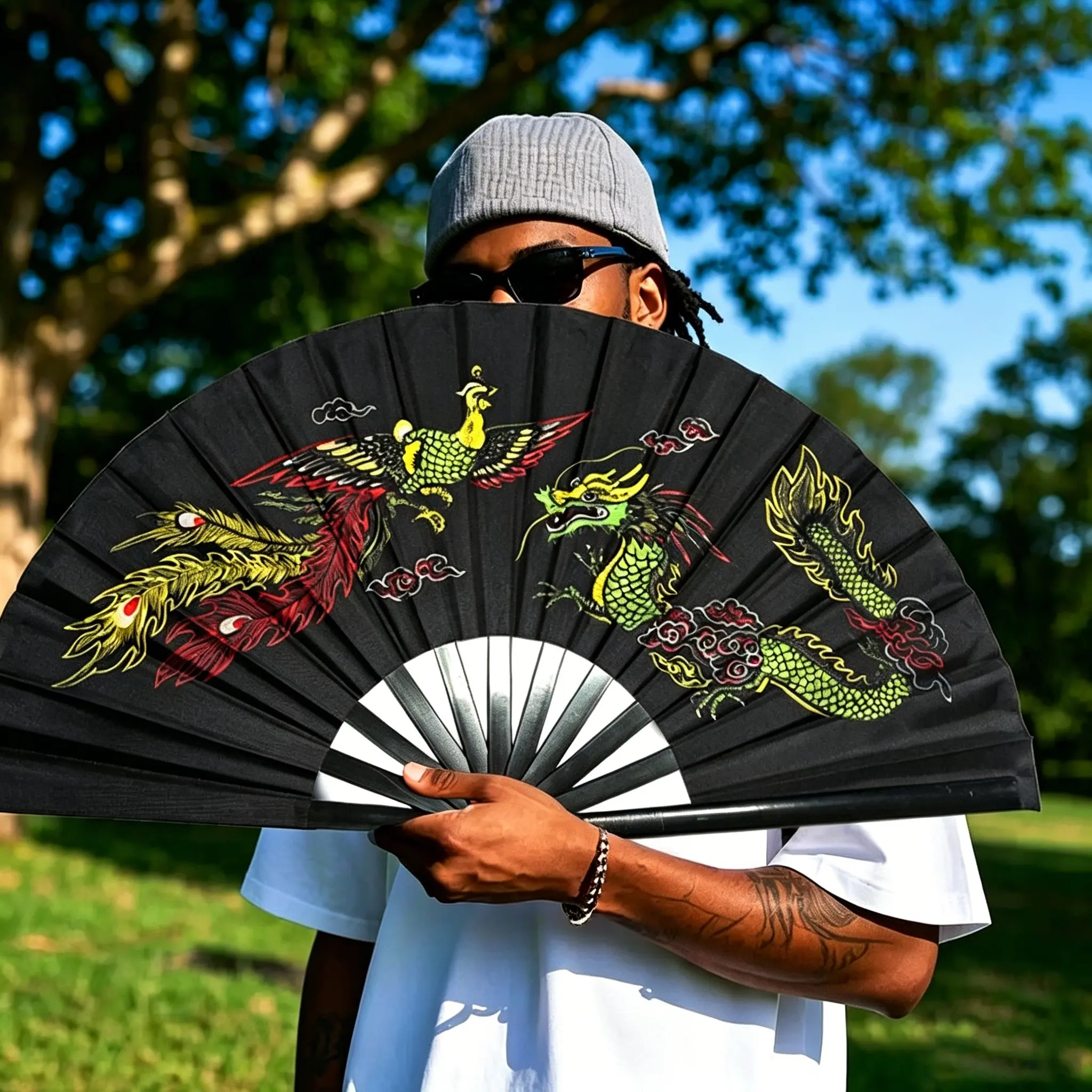 13 Inch，Vibrant Dragon Phoenix 13 Inch Tai Chi Kung Fu Fan, Portable Martial Arts & Dance Hand Fan, Chinese Fan, Elegant Ornament Gift for Wedding Ceremony, Tea Gathering, Formal Party, Stage Performance & Flamenco Dance