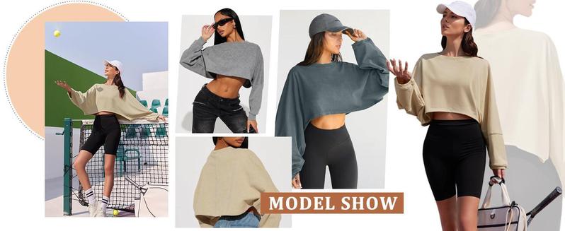 Fashare Womens Long Ballon Sleeve Sweatshirts Tops Cropped Crew Neck Loose Fit Casual Workout Shirts