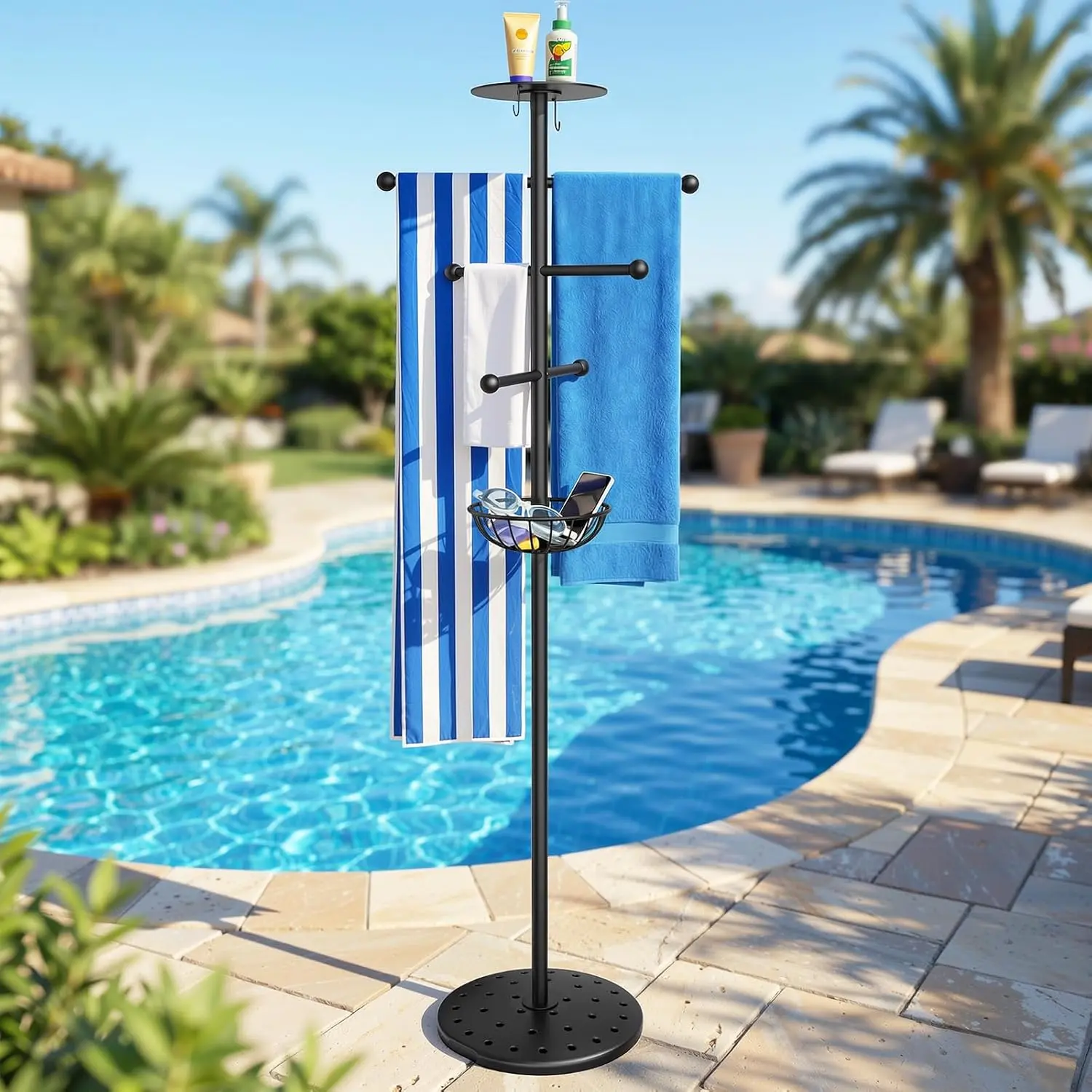 6 Bars Heavy Duty Outdoor Pool Towel Rack with Tray and Hooks, 63 inch Towel Holder for Beach, Hot Tub, Bathroom, Backyard, Black