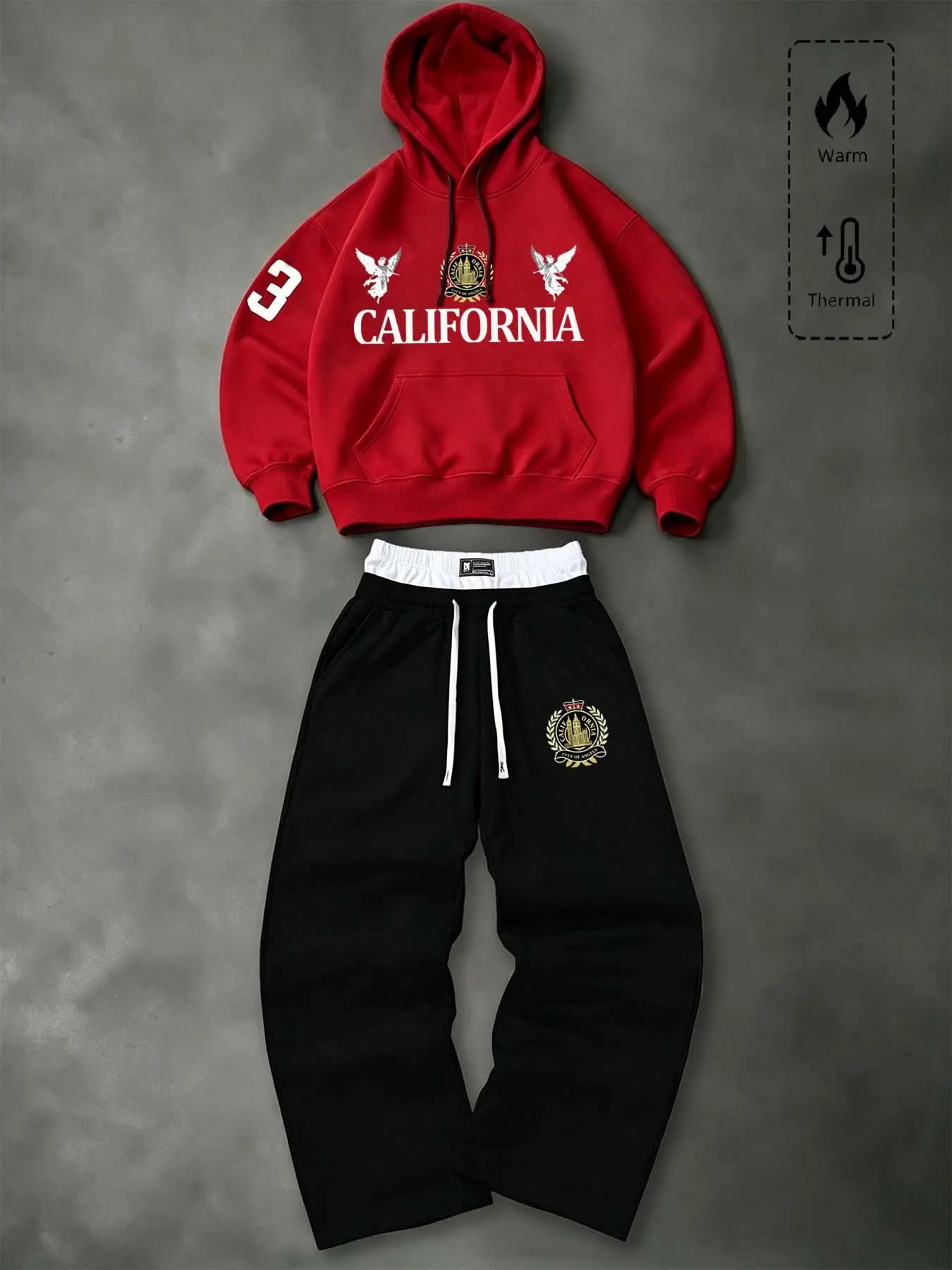 California Angels printed set, red hooded sweatshirt with wide-leg sweatpants. Retro castle emblem pattern, soft and comfortable fabric, perfect for casual gatherings, street style, and leisurely outings. Easily create a stylish college-inspired look.