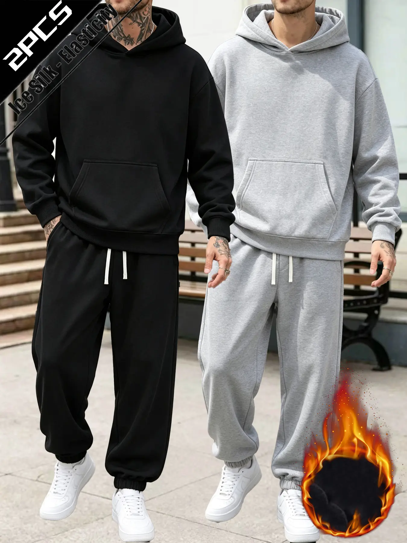 2‑Pack Men's Thick 2‑Piece Set, Pants & Hoodie Tracksuit, for Autumn & Winter, Athletic hoodie and cuffed jogger pants, thickened inner lining, loose‑fit style with drawstring elastic waist, simple solid‑color, suitable for home wear and outings