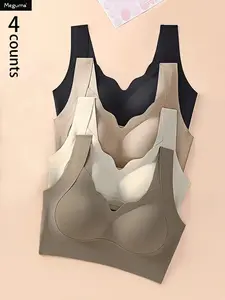 4-piece set  Women's Seamless No Underwire Soft Comfy Bra, Gathered Comfortable Knit Vest Style Lingerie, Daily Wear and Sleep, Casual Plain Design
