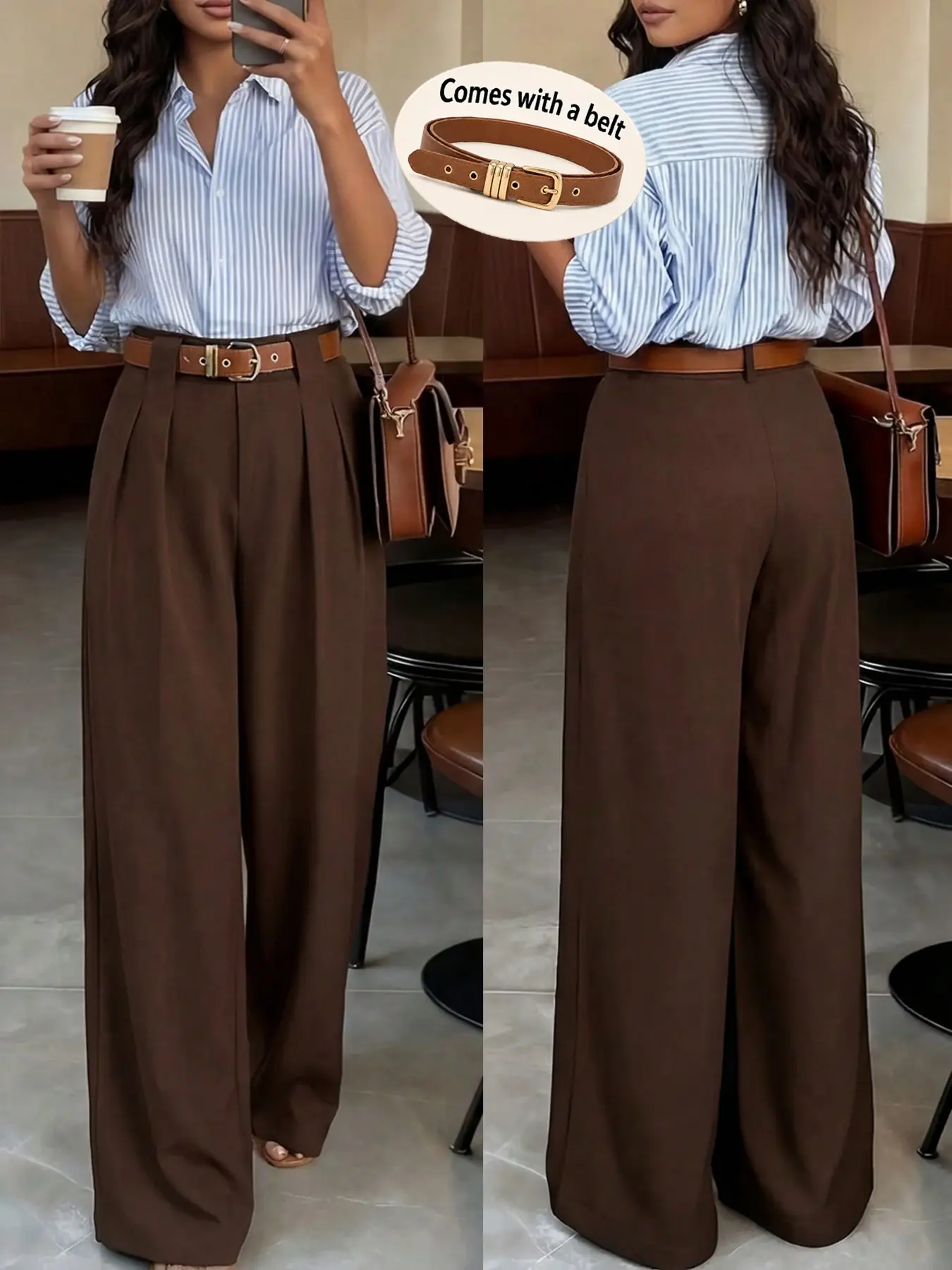 Women's Plus Size High-Waisted Wide-Leg Trousers, Belted Pleated Front Pants, Elegant Business Casual Office Wear for All-Season