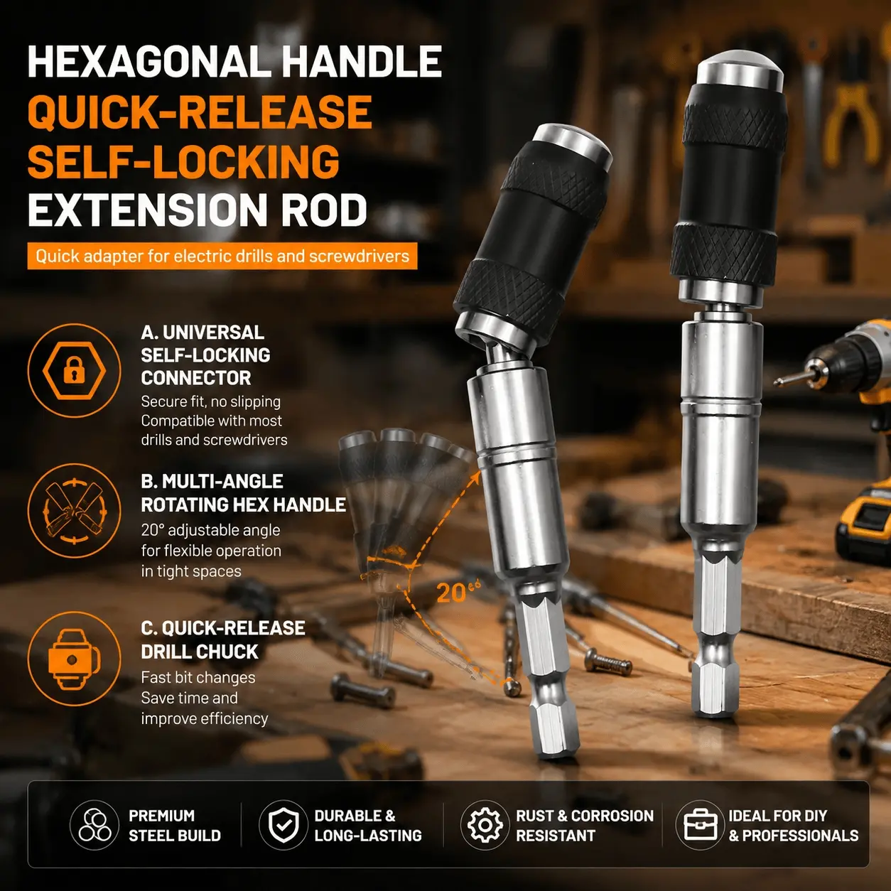 Quick-Release Hex Handle Extension Rod Adapter Set for Drill & Screwdriver | DIY Home Repair, Holiday Decor & Craft Projects | Enhance Tool Flexibility & Efficiency | Professional-Grade Extension