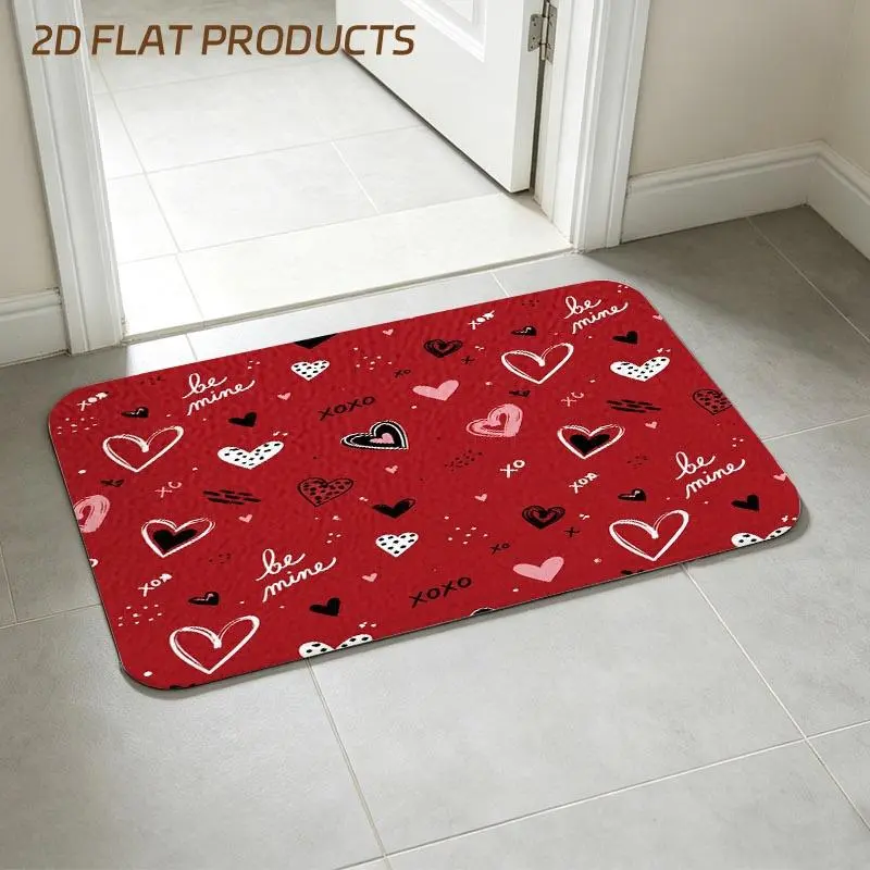 Playful Romantic Valentine's Day Entrance Doormat - Red Background with Mixed - Color Hearts (Solid & Dotted Patterns), Scattered XO and "be mine" Text Decor, Multiple Specs, Ideal for Home Entryway, Porch & Interior Door Daily Use