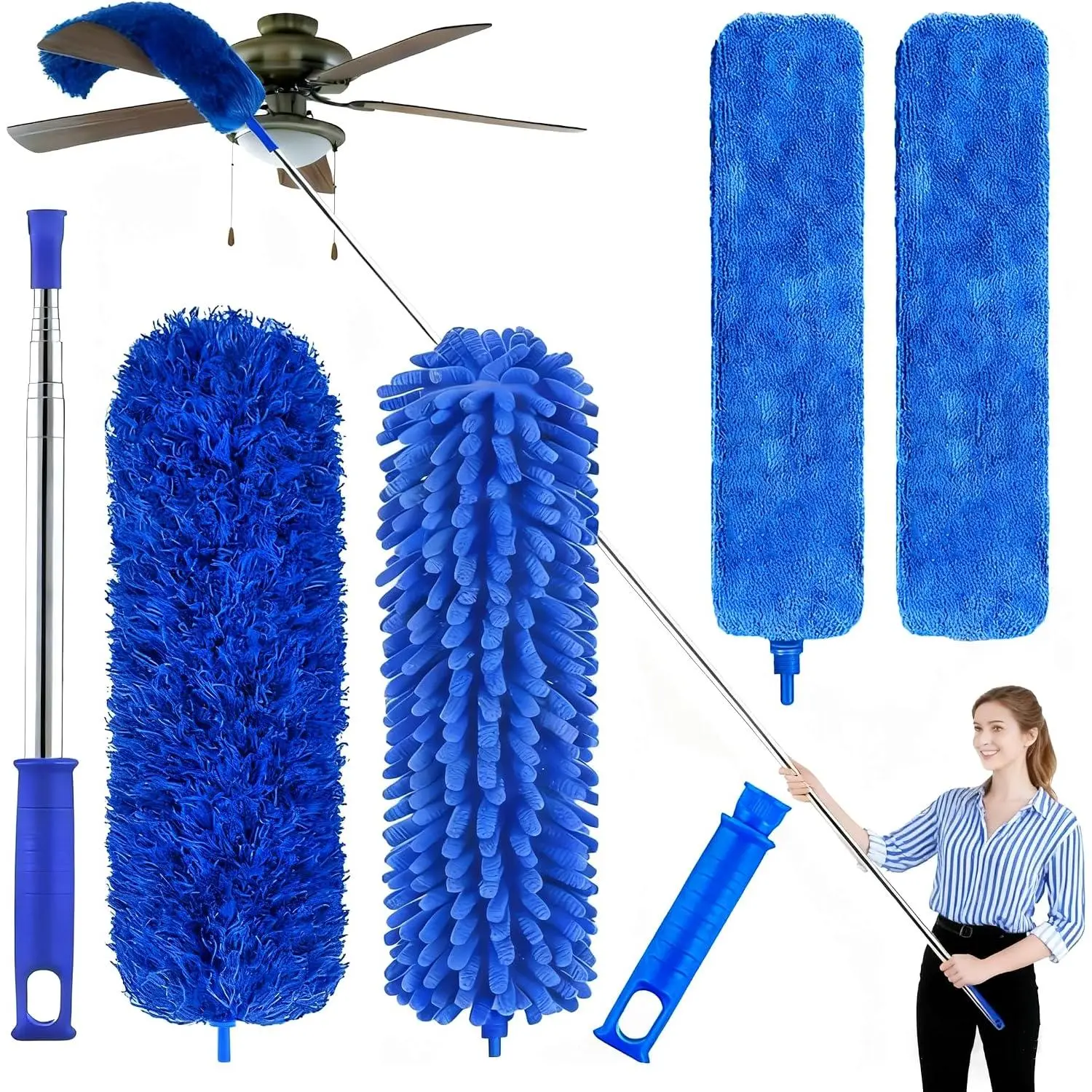 Professional Microfiber  Dusters for Cleaning, 6 count Extendable Bendable Dusters with 100" Telescopic Pole, Washable &  Cleaning Kit for Ceiling Fans, Blinds, Hard-to- Areas (Blue)
