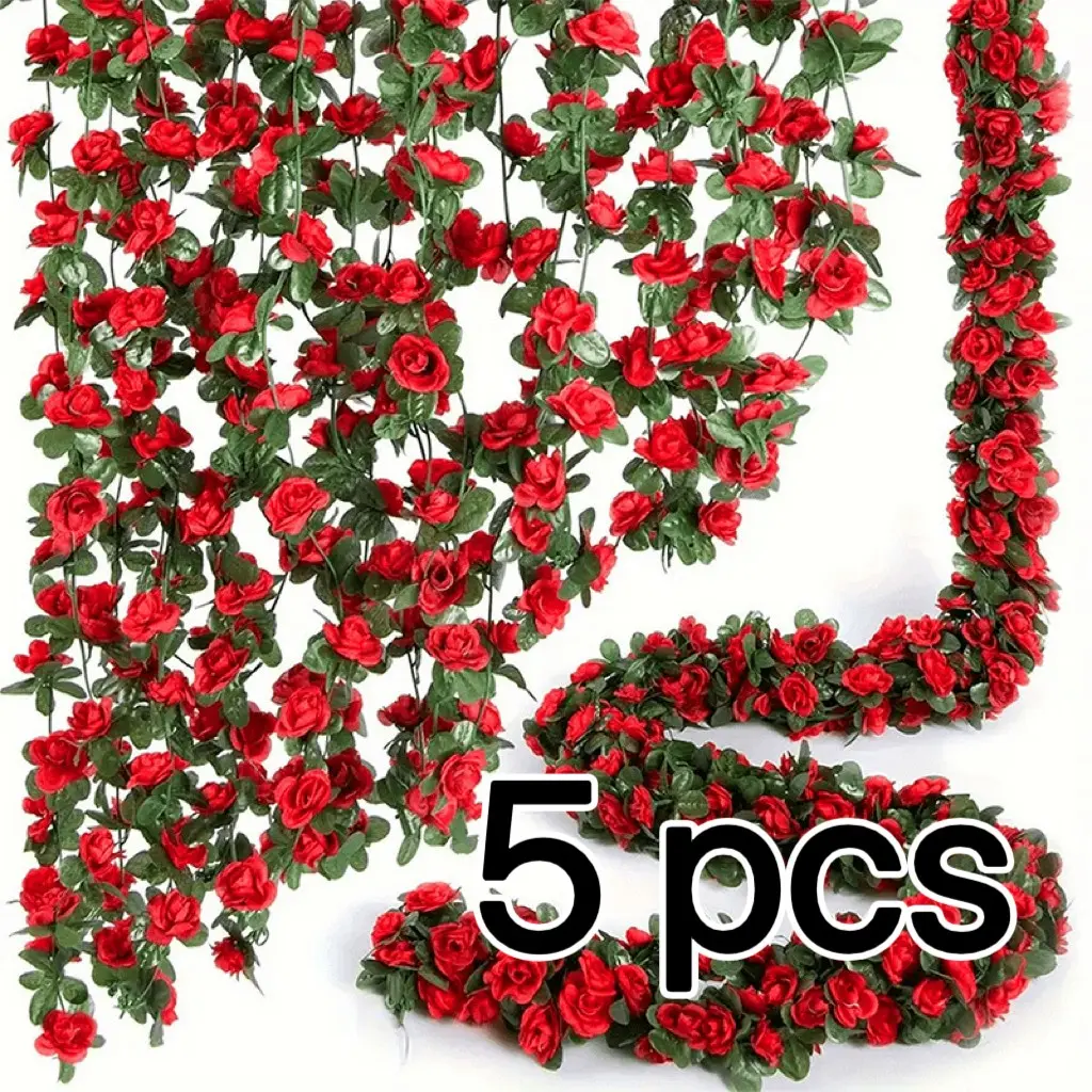 5 Pack 40 Feet Artificial Rose Garland, Decorative Faux Floral Vine for Wedding Arches, Home Wall Decor, Holiday Decor, Seasonal Hanging Decoration for Christmas, Valentine's Day, Mother's Day, Table Centerpieces Decor, Party Decor Supplies