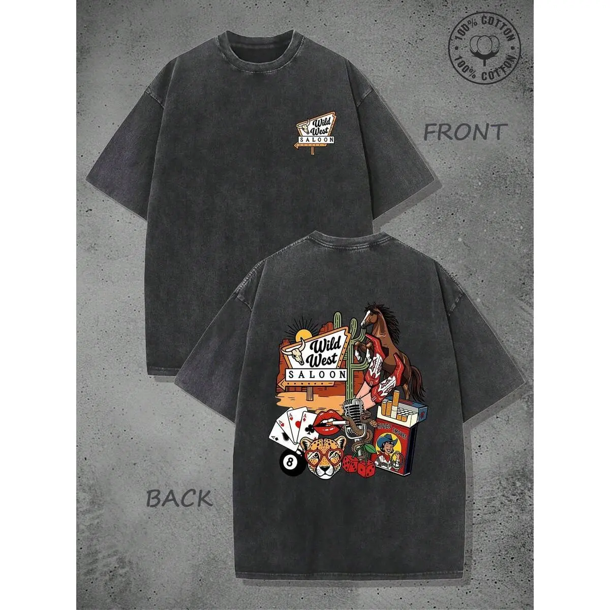 Wild West Saloon Vintage Washed T-Shirt,Western Cowboy / Casino / Bar Elements,Western Culture,100% Pure ,Features A Youthful And Fashionable Design, Men's Patterned T-Shirt, Women's Patterned T-Shirt,Eye-Catching, Comfortable And Fashionable Daily Wear,