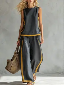French Casual Two-Piece Suit Set for Women, Summer Round Neck Sleeveless Striped Top with Colorblock Trim, High-Waisted Wide Leg Pants, Vacation