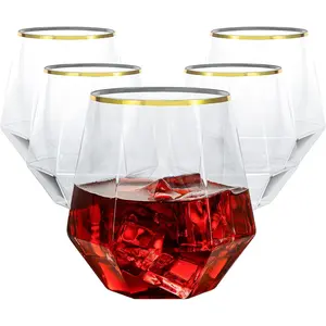 Goodluck 40 PCS Diamond Stemless Plastic Wine Whiskey Glasses, 12 Oz Disposable Cocktail Glasses, Suitable for Weddings, Birthday Parties, Family Gatherings, Bars, etc （Gold rimmed cups）