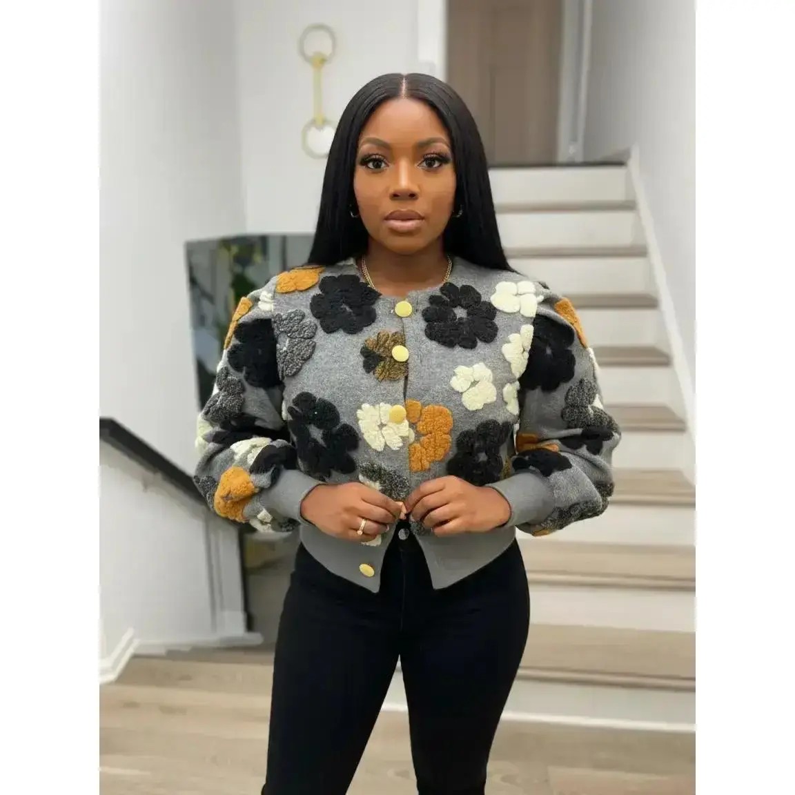 Women's Floral Jacquard Button Front Jacket, Casual Long Sleeve Round Neck Outerwear for Daily Wear, Ladies Clothes for All Seasons