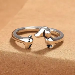 Cute Dachshund Dog Thai Silver Adjustable Rings Original Open Sausage Dog Pet Rings for Women Vintage Animal Jewelry