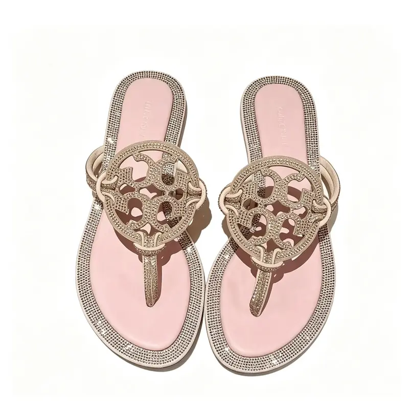 Women Sparkly Rhinestone CutOut Circular Detail Thong Sandals, Crystal Embellished Border Flat FlipFlops, SlipOn Bling HollowOut Flat Summer Sandals, Casual Dressy Beach Vacation Resort Party Flat Thong Shoes, Multiple Colors Available brea