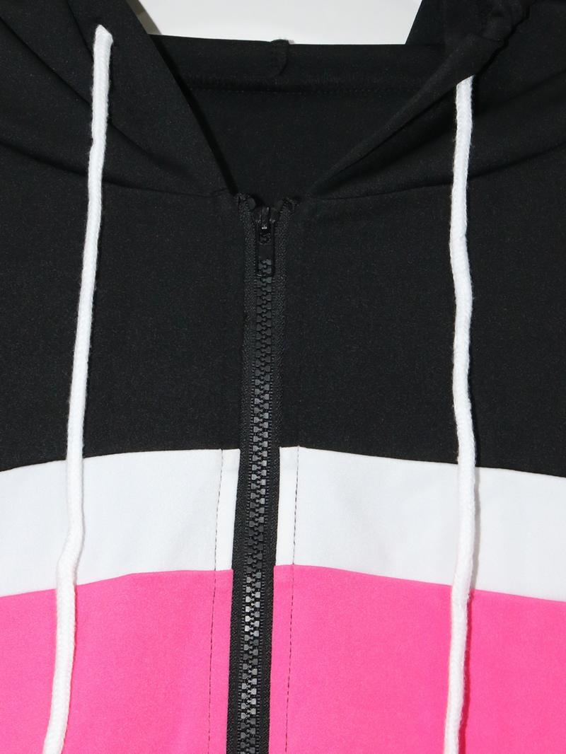 Women's Fashion Patchwork Hooded Cardigan & Pants Set, Casual Sporty Style, Regular Fit, Spring & Fall, New Arrival, Activewear Set