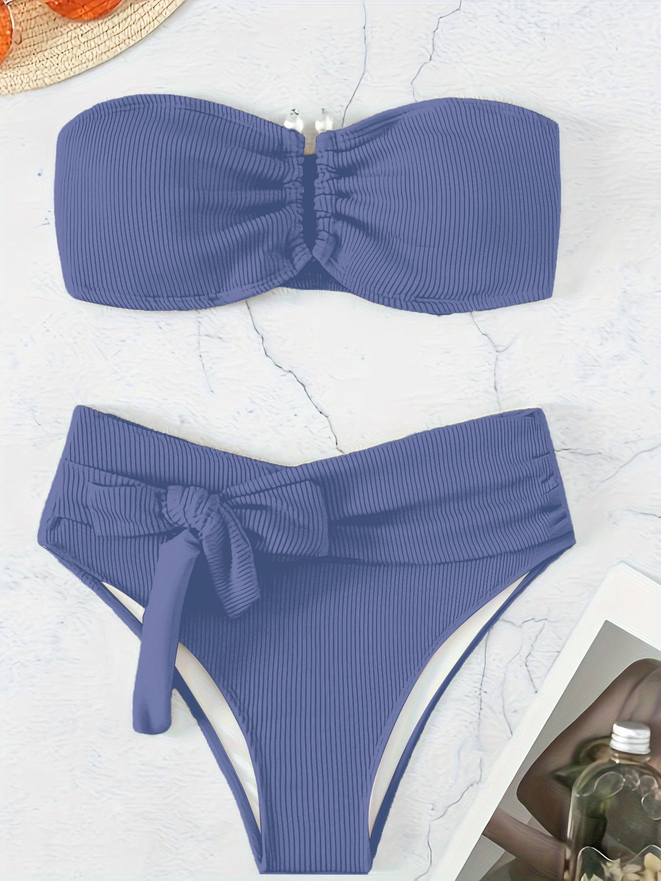 Two-Piece Set Women's Solid Ruched Bandeau Bra & Knot Front Panty Bikini Set, Bandeau Bikini Sets, Casual Sleeveless Swim Top & Swim Bottom Swimsuit Set, Ladies Summer Swimwear for Beach Holiday Vacation