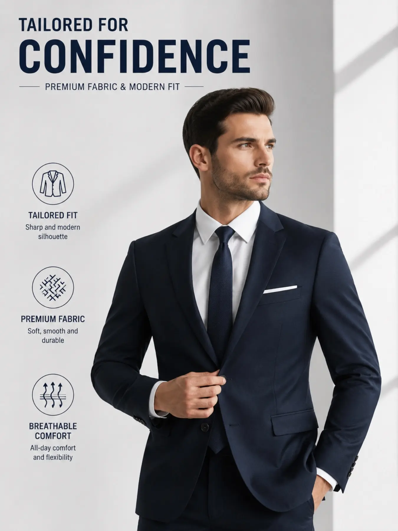 Men's Formal Blazer, Formal Wear, Modern Style, Long Sleeve, Smooth, Fabric, Wrinkle-Resistant Custom Fit, Suitable for Office, Parties, Weddings, Business Travel