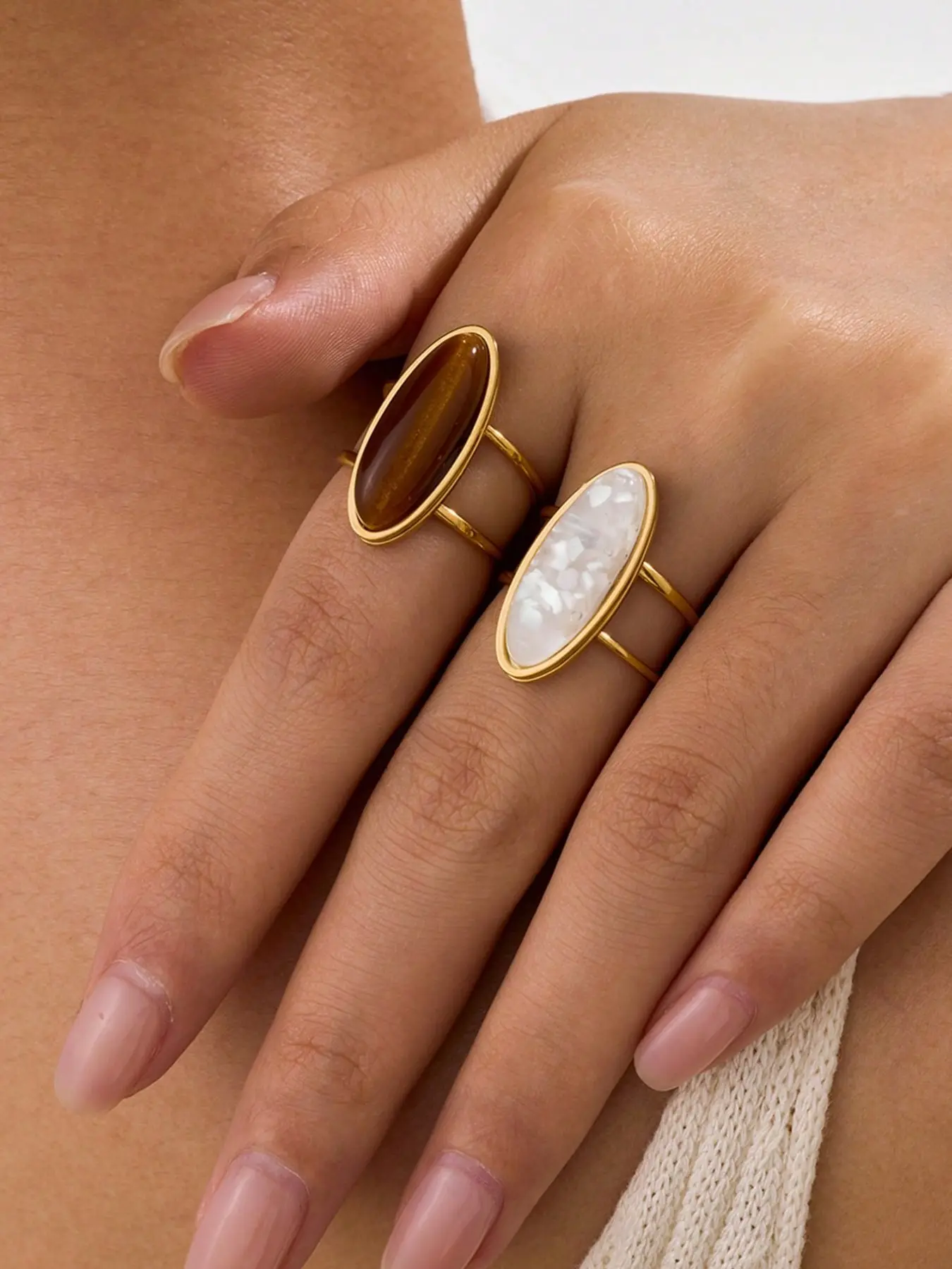 2 Pcs Stainless Steel Open Ring Set, Jewelry Rings, and Tiger Eye Stone Gems, Ideal for Women, Perfect Gift Option