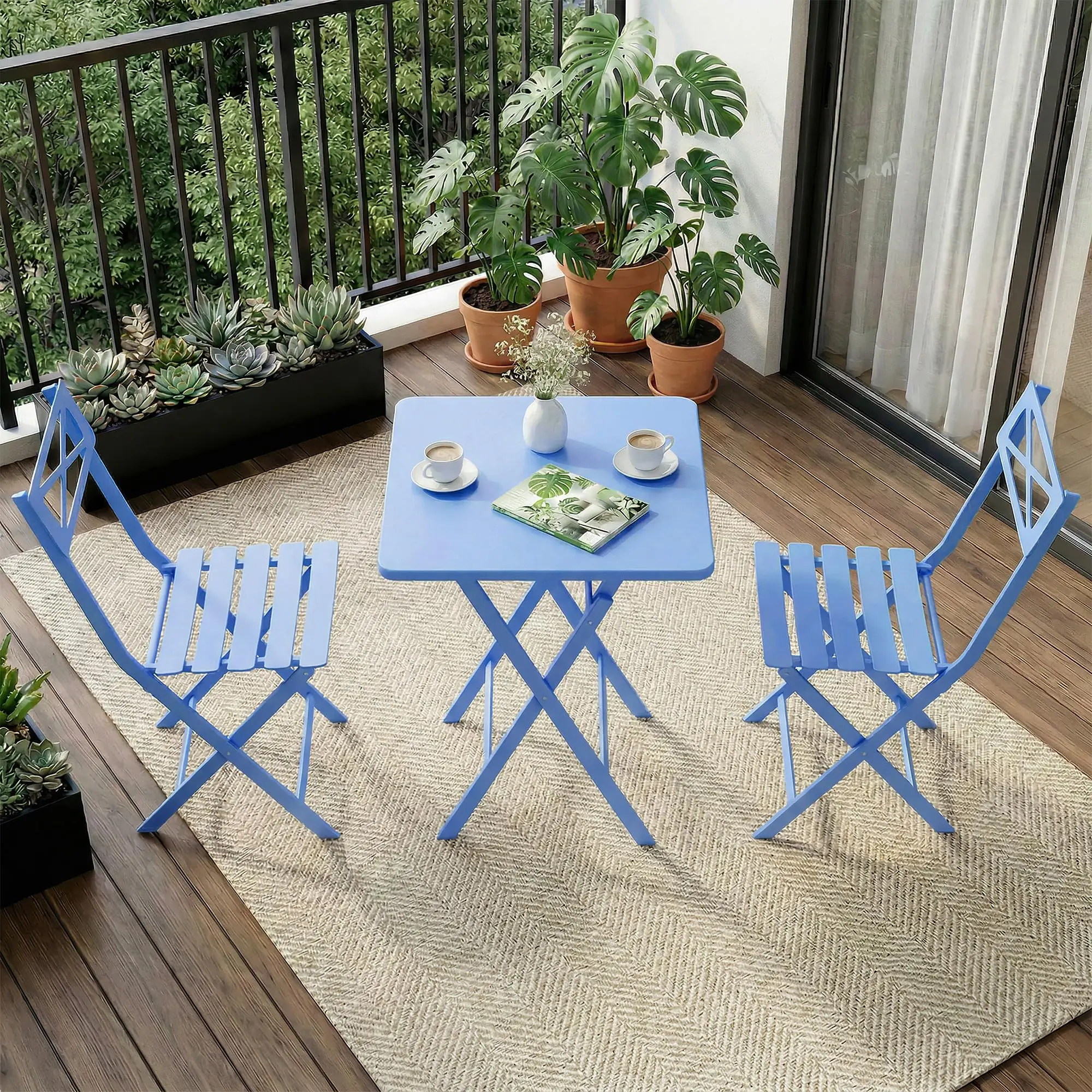 Garvee 3-Piece Folding Bistro Set with Solid Steel Construction and Scratch-Resistant Powder Coat Finish, Includes Folding Table and 2 Chairs for Garden and Patio Outdoor Use