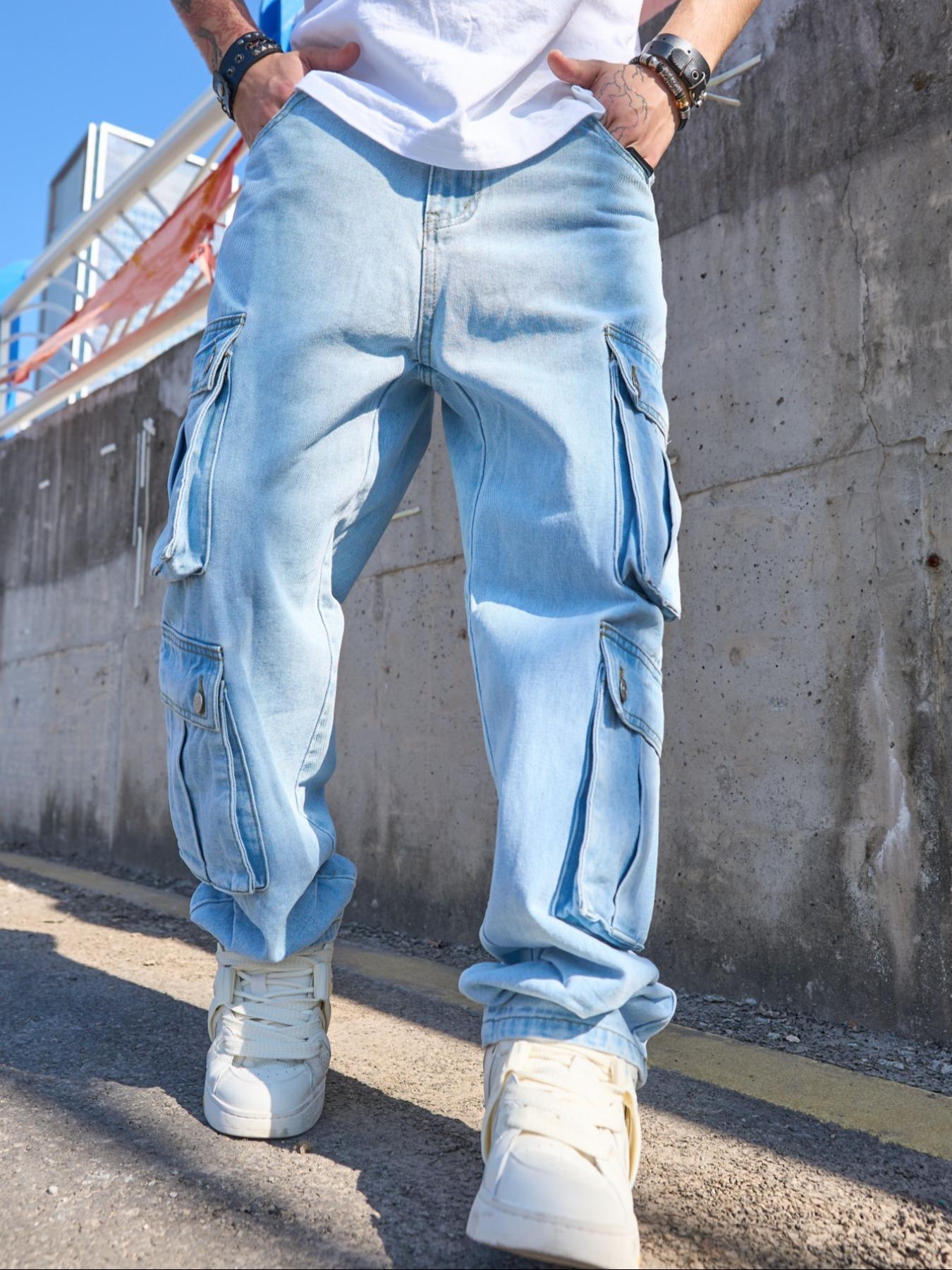 Men's Solid Flap Pocket Cargo Jeans, Loose Casual Street Fashion Denim Pants for Daily Wear, Men's Trousers for All Seasons