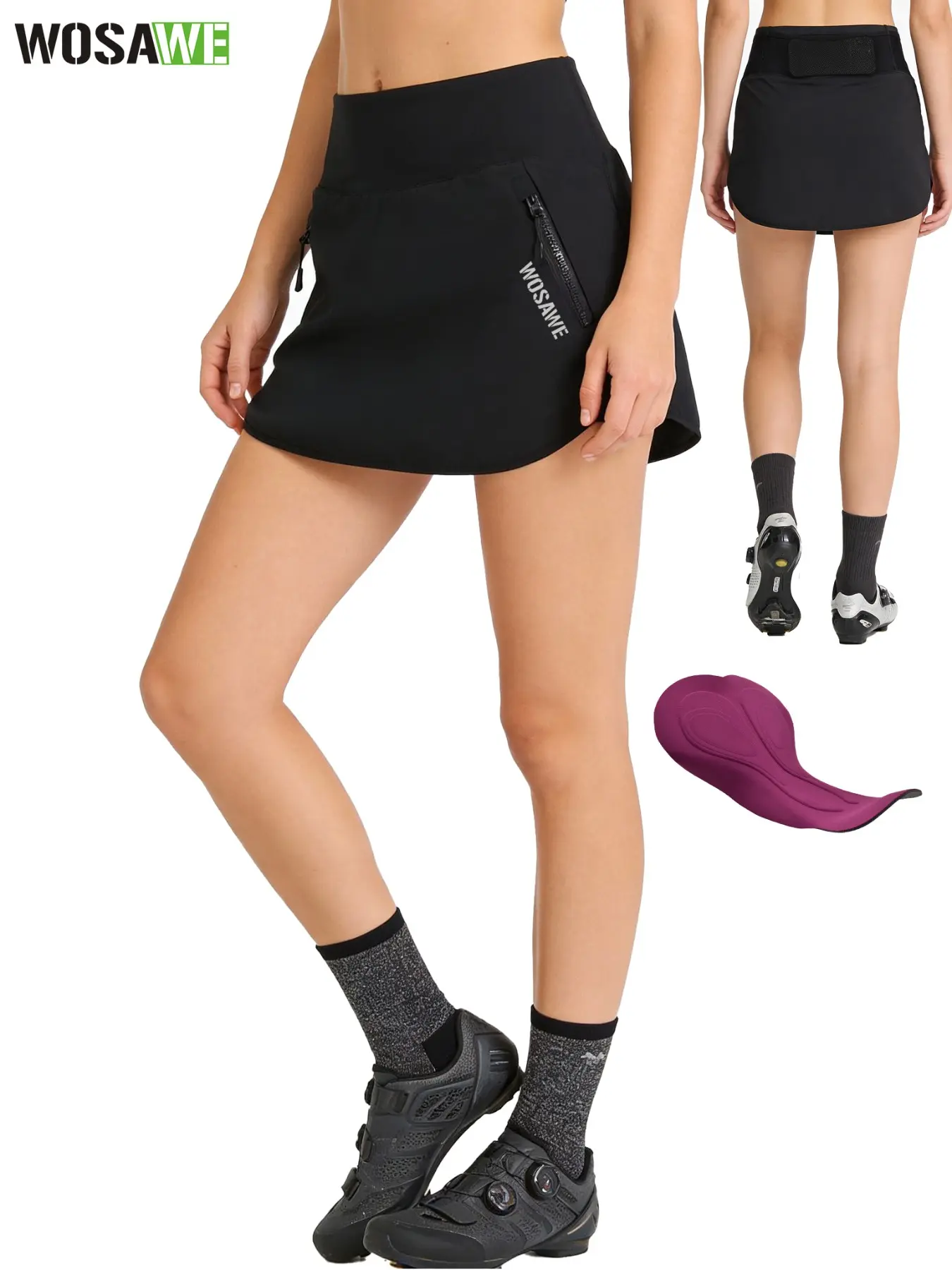 WOSAWE Women's 2-in-1 Cycling Skort - Breathable A-Line Skirt with Padded Shorts & Zipper Pockets for Road & MTB Riding Athletic Skorts
