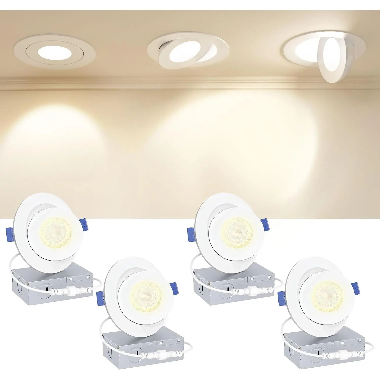4 Pack 4 inch Gimbal Led Recessed Light with Junction Box, 90° Adjustable Directional Eyeball Lighting, Dimmable, 2700K/3000K/3500K/4000K/5000K, 900LM, 9W=85W-ETL&FCC Certified