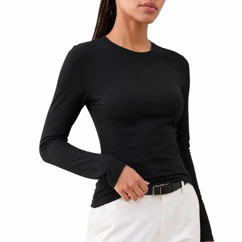 Women's Fitted Crew Neck Long Sleeve Top, Soft Stretch Basic Shirt for Layering and Daily Outfits