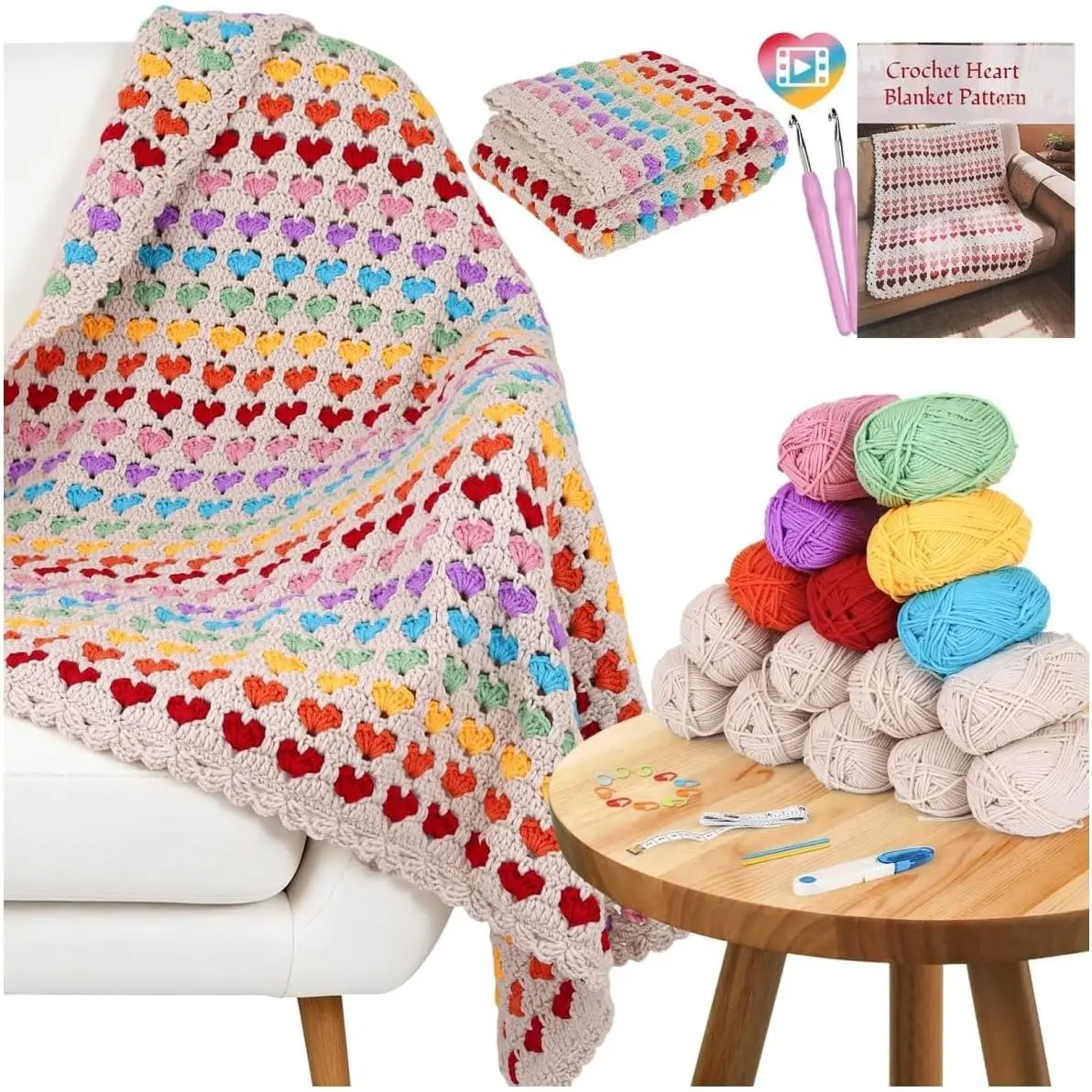 Blanket Crochet Kit for Beginners, Crochet Heart Blanket Kit w/ Yarns, Detailed Video & Instructions for Adults &  – Featuring a Colorful Rainbow Heart  and Edging
