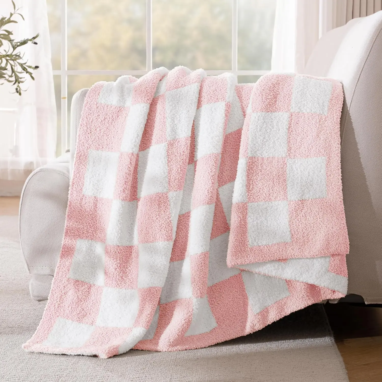 Checkered Knit Throw Blanket for Couch, Pink| Lightweight,, Microfiber Blanket for Men, Decorative Throw for Couch, Sofa, Home Decor, All Season, 50x60 Inch