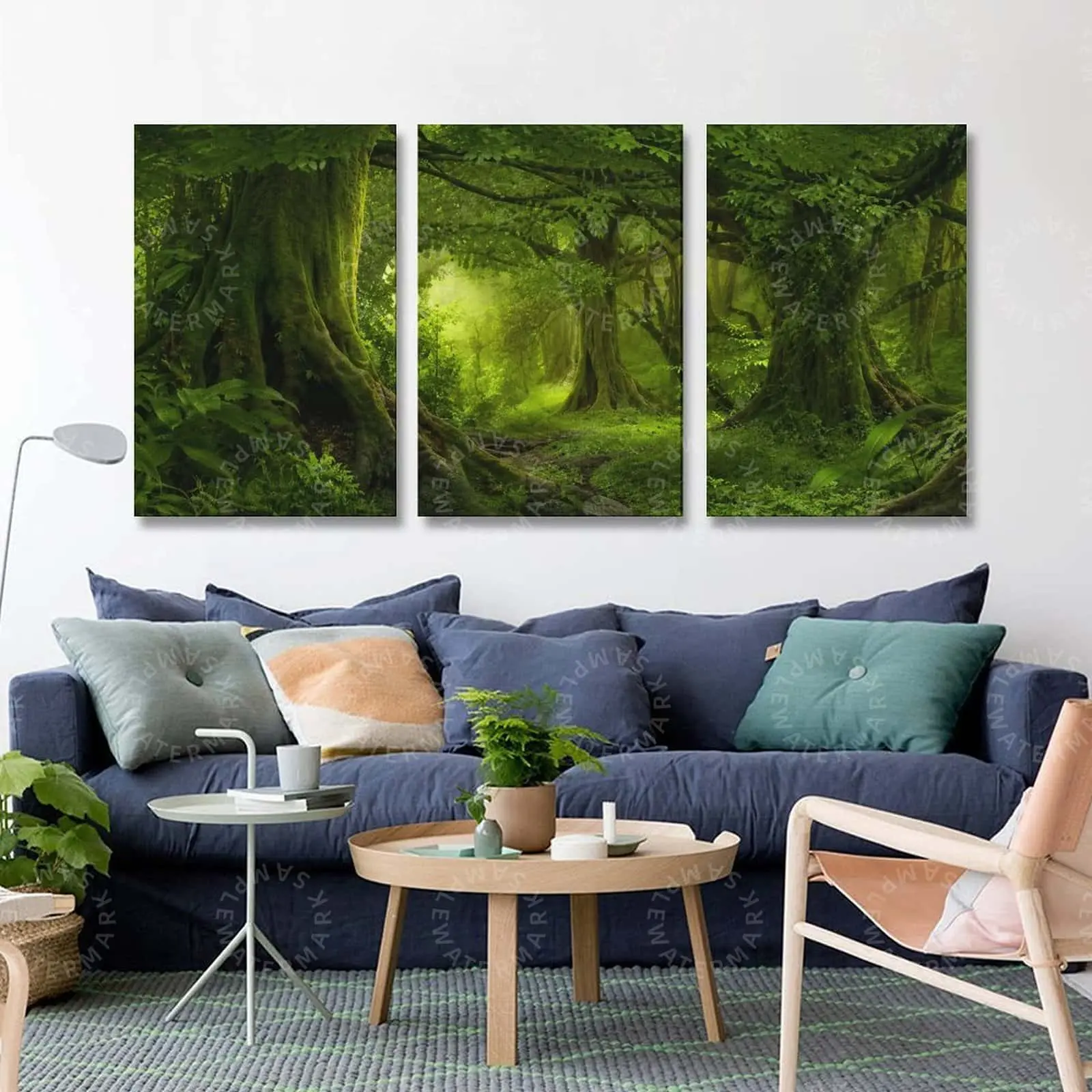 Enchanted Forest Tree Wall Art, Green Woodland Canvas Poster, Nature Landscape Triptych Decor, Aesthetic Wall Art for Living Room, Bedroom, Office, Modern Botanical Home Decor, Peaceful Forest Artwork Gift