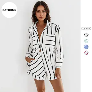 KatchMe Women's Chic Irregular Color Matching Stripe Button Blouse & High Waist Pocket Shorts Co-ord, Comfort Basic Co-ord Set for Lady Spring & Fall