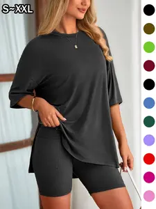 Women's 2-Piece Set, Solid Color Loose T-Shirt and Tight Shorts, Summer Comfort Round Neck Pajamas, Pocket Design, Suitable for Outdoor Wear