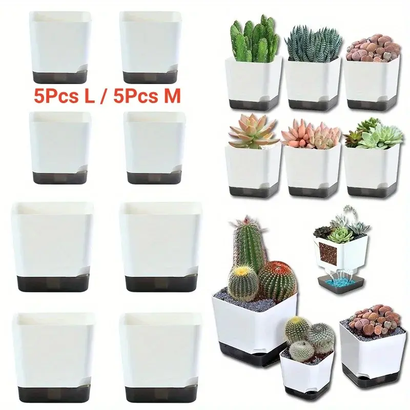 5Pcs Self Watering Flowerpot, Square Flowerpot, Self Absorbing Succulent Flowerpot, Cactus Green Plant, Breathable Desktop Potted Plant