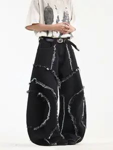 Men's Loose-Fit Jeans with Asymmetrical Hem and Embroidery, Trendy Streetwear Wide-Leg Pants, All-Season Fashion, Multiple Sizes Available