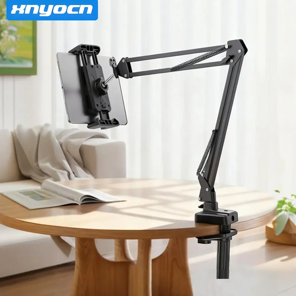Overhead Desk & Bed Tablet Stand - Heavy-Duty Carbon Steel Cantilever Arm with One-Button Tablet Mode Switch, Tool-Free C-Clamp Base & 360° Swivel for 4.7"-14" iPad Pro, Surface & Phones (Zero-Shake Bedside & Studio Ready) Tablet Holder Stand