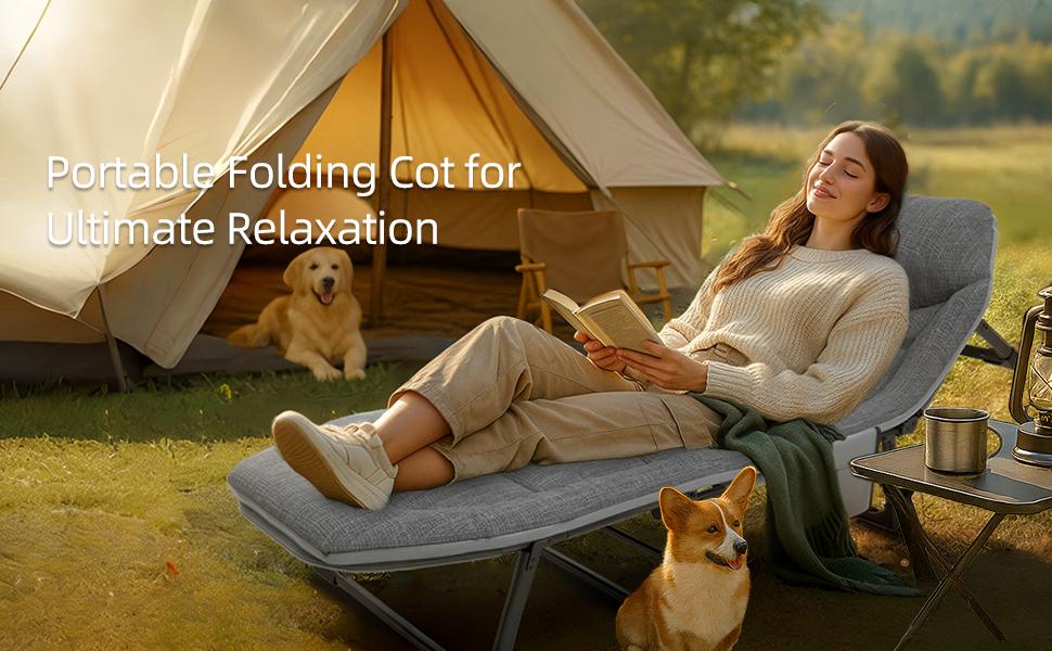 Camping Cot with Mattress, No Assembly Required Heavy Duty Folding Camping Cot for Adults, 550 Lbs Capacity Adjustable Portable Sleeping Bed for Indoor, Outdoor & Patio Use
