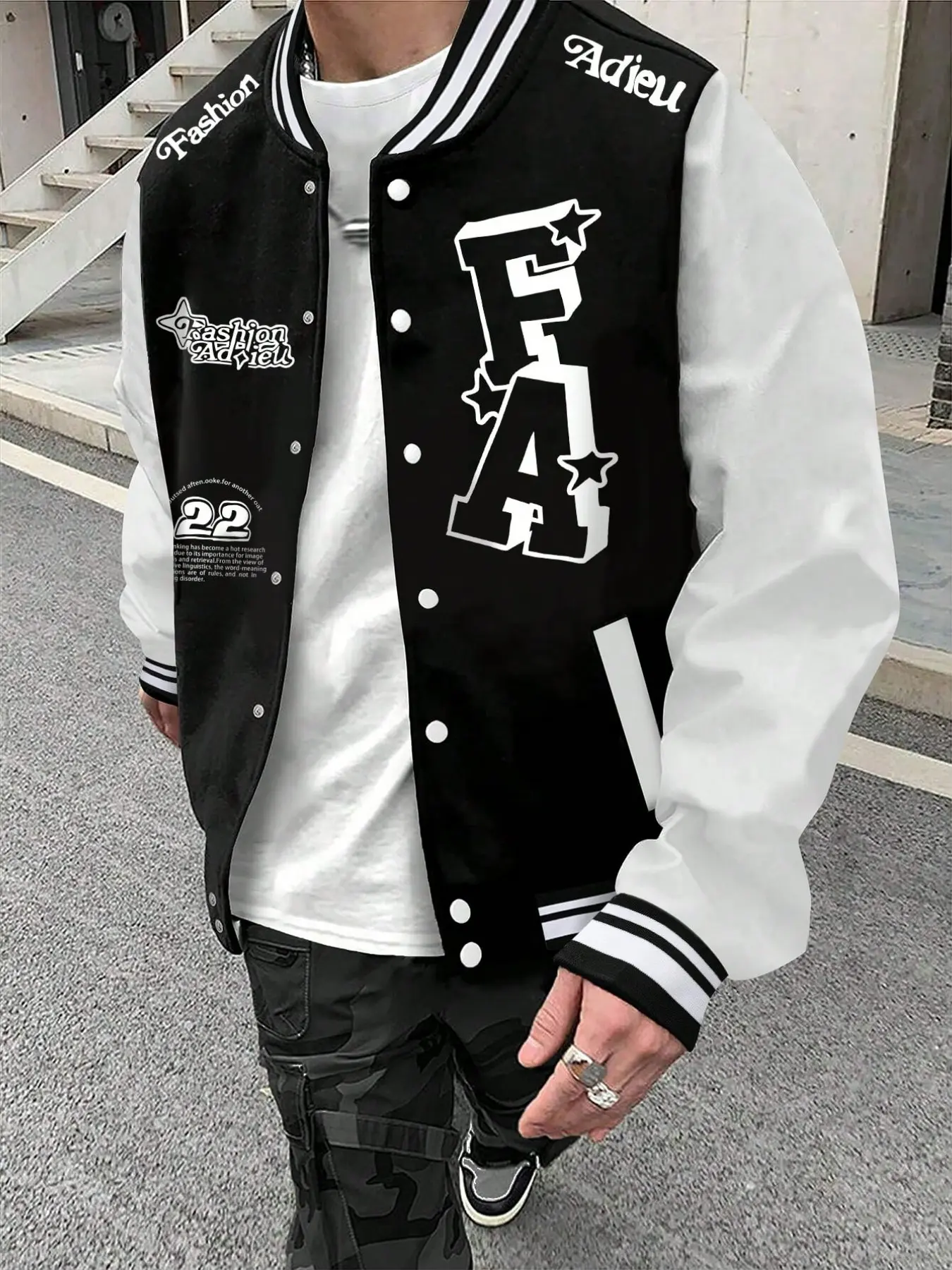 Men's Regular Fit Varsity Jacket, Color Block Baseball Coat with Letter & Star Graphic Print, Warm Button Up Outerwear for Daily Wear, Street Style, Outdoor, Fall Winter Casual Jacket