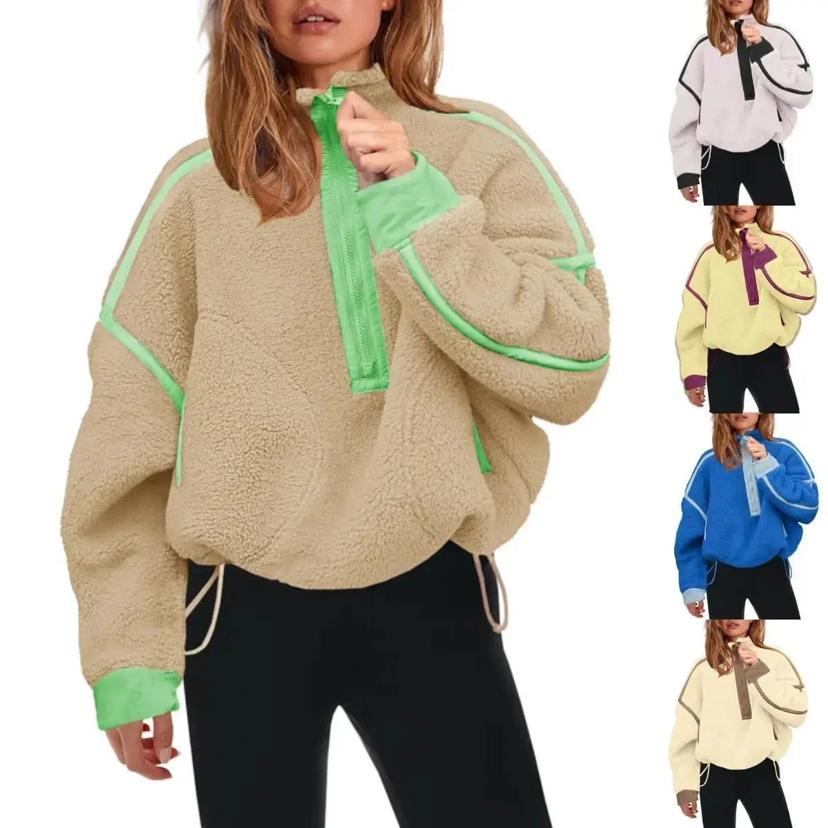 Women's Half Zip Sherpa Fleece Pullover Soft Oversized Sweatshirt Warm Fuzzy Sweater With Pockets Fluffy Teddy Fleece Collared Neckline Basic Comfy Fit