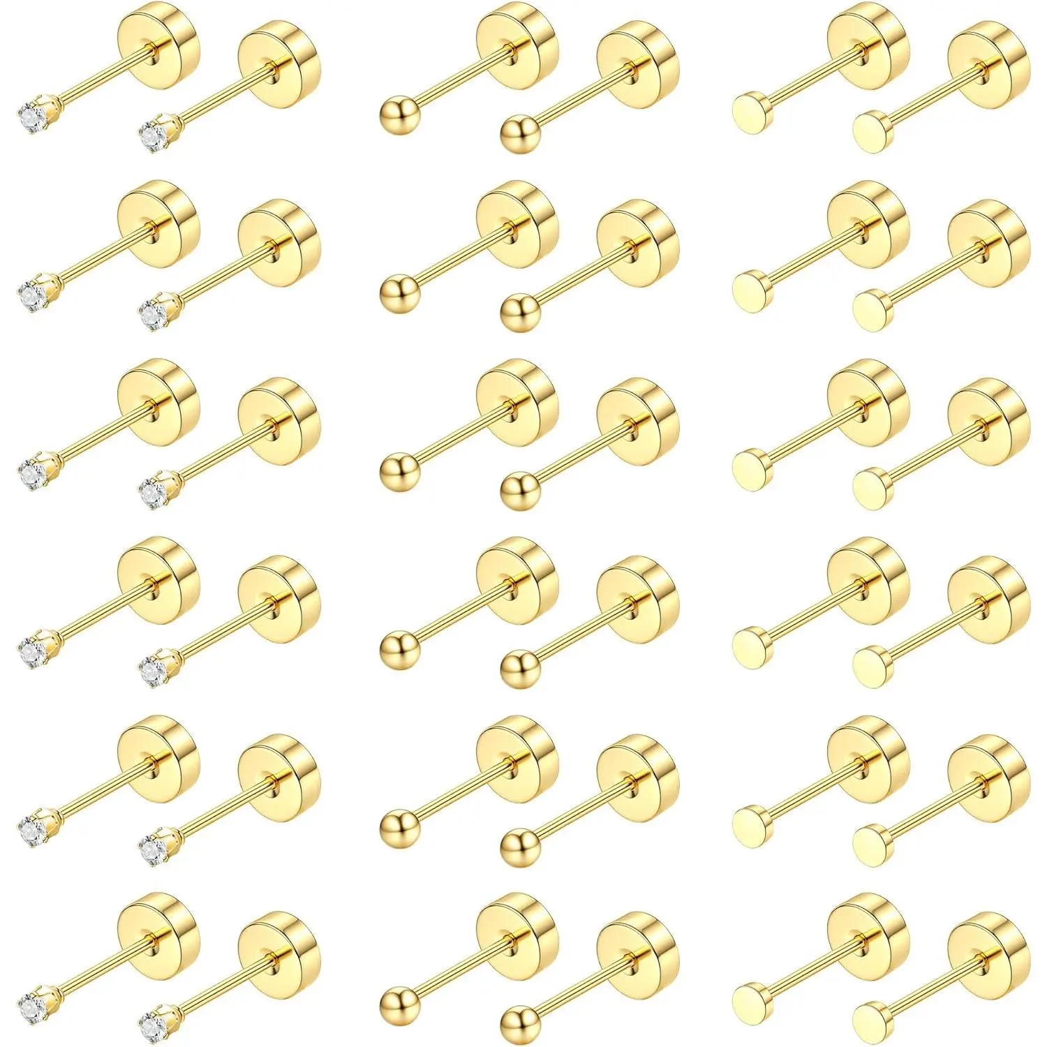 Small Flat Back Earrings for Women Men - Hypoallergenic 14K Gold Plated Surgical Steel Screw Flat Back Stud Earrings Tiny Cartilage Earring Sets For Multiple Piercing 2/3/4mm 18pairs